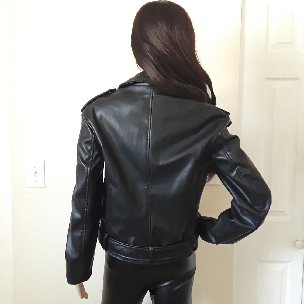 Black Leather Belted Hip Length Leather Jacket - Picture 5 of 10